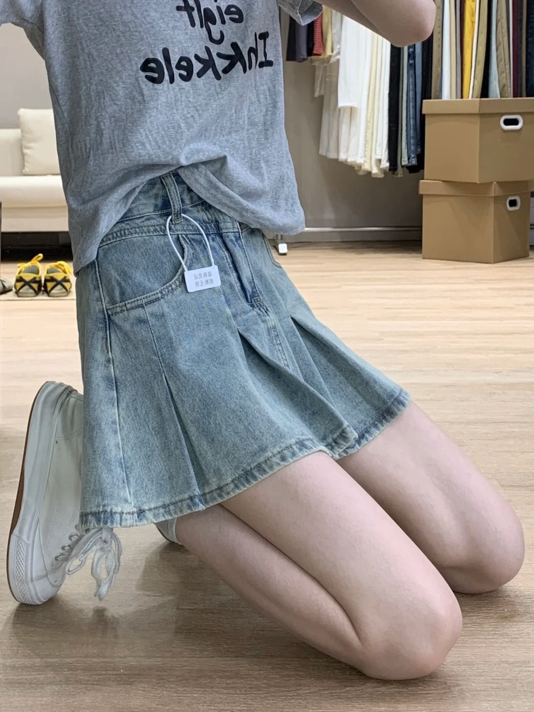 Pleated Skirt Women - Damska spódnica dżinsowa z wysokim stanem,